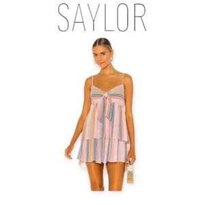 Saylor Babydoll Tiered Mini Dress Pastel Sorbet Stripe Cotton Size S Revolve